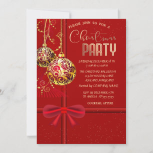 Invitación Lazo Rojo Elegante, Bolas de Navidad Compañía de N
