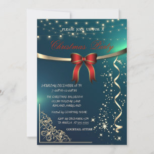 Invitación Lazo Rojo Elegante, Confeti Compañía Navidad Verde
