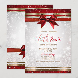 Invitación Lazo Rojo y Blanco Dorado Brillante Evento Navideñ