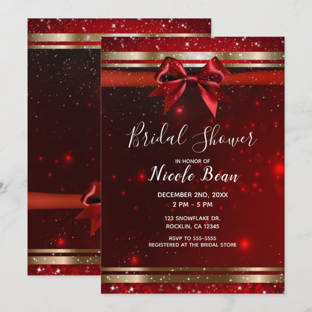 Invitación Lazo Rojo y Dorado con Brillo Chic Fiesta de Despe (Anverso / Reverso)