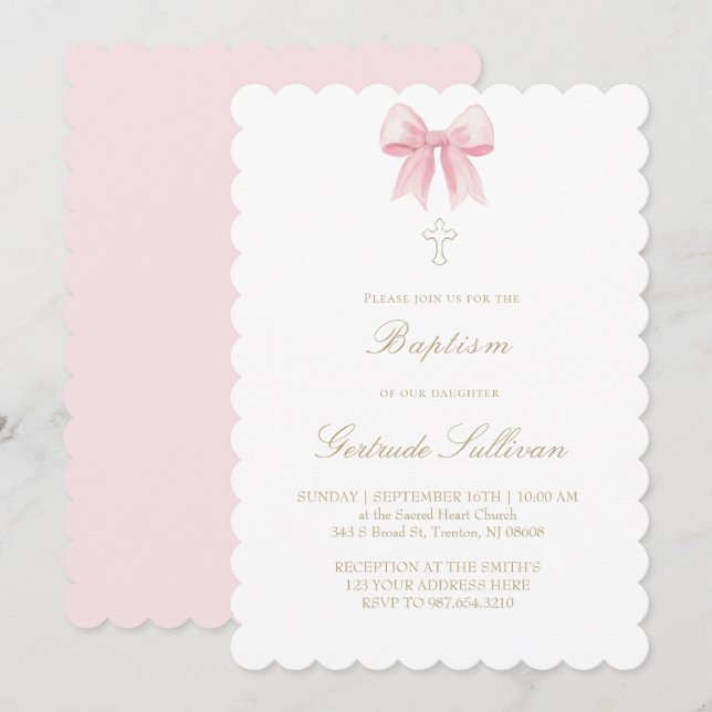 Invitación lazo rosa acuarela | Bautizo (Anverso / Reverso)