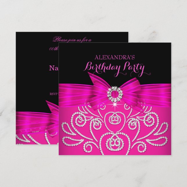 Invitación Lazo rosa caliente negro con diamantes falsos para (Anverso / Reverso)