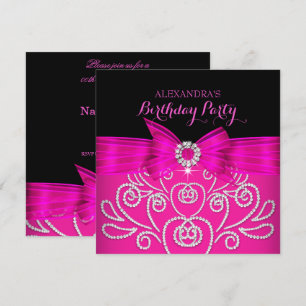 Invitación Lazo rosa caliente negro con diamantes falsos para