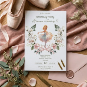 Invitación Lazo Rosa Caprichoso y Bailarina de Acuarela Cumpl