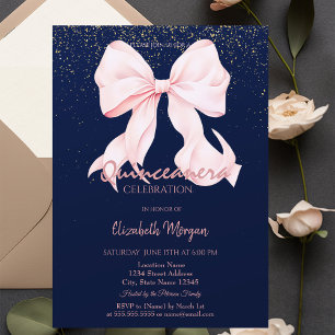 Invitación Lazo Rosa Chic Confeti Azul Marino Quinceañera  