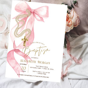 Invitación Lazo Rosa Chic Perlas Cruz Bautizo