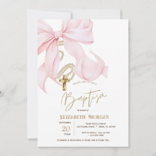 Invitación Lazo Rosa Chic Perlas Cruz Puntos Bautizo