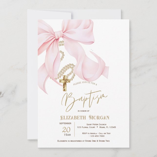 Invitación Lazo Rosa Chic Perlas Cruz Puntos Bautizo (Anverso)