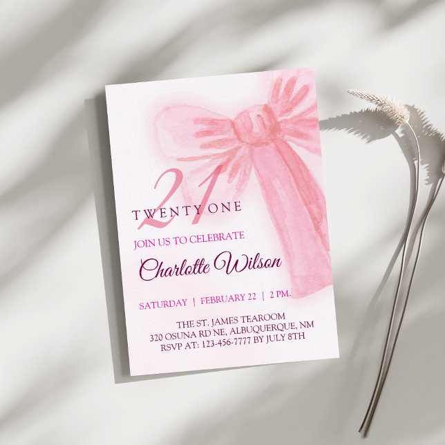 Invitación Lazo Rosa Claro Cumpleaños Veintiuno Elegante (Subido por el creador)