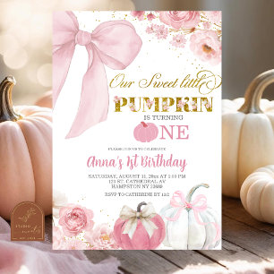 Invitación Lazo Rosa Coquette Floral Calabaza Cumpleaños 1