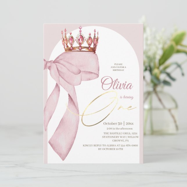 Invitación Lazo rosa Coquette para 1er cumpleaños  (Anverso de pie)