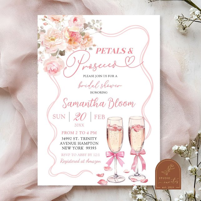 Invitación Lazo Rosa Coquette Pétalos y Prosecco (Subido por el creador)
