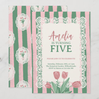 Invitación Lazo Rosa Coquette Tulipán Vintage Cumpleaños de C