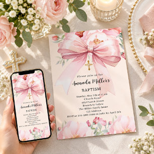 Invitación Lazo rosa crema flores niña Bautizo