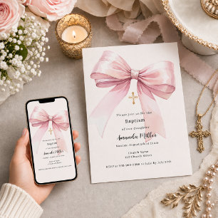 Invitación Lazo rosa crema niña Bautizo