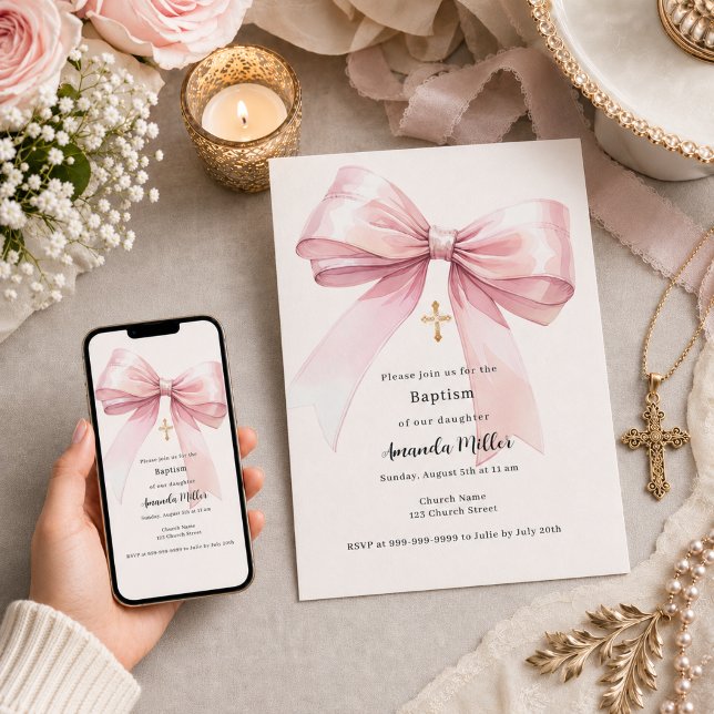 Invitación Lazo rosa crema niña Bautizo (Subido por el creador)