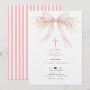 Invitación Lazo Rosa Cruz Flores Rayas Bautizo de Niña