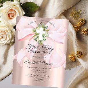 Invitación Lazo rosa Cruz Hojas Primera Comunión
