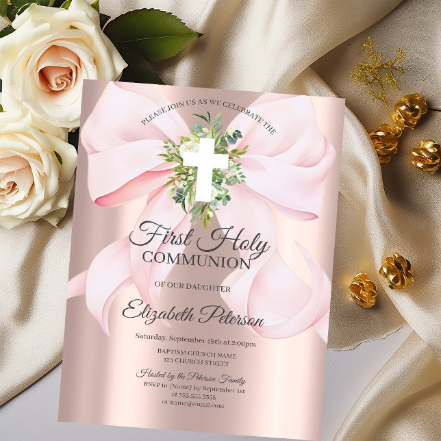 Invitación Lazo rosa Cruz Hojas Primera Comunión  (Subido por el creador)
