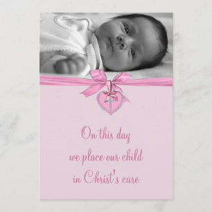 Invitación Lazo Rosa Cruz Niña Foto Bautizo
