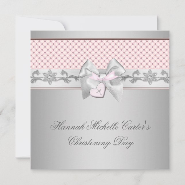 Invitación Lazo rosa cruz niñas rosa bautizo bautismo (Anverso)