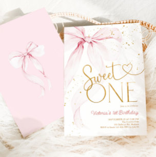 Invitación Lazo Rosa Cumpleaños 1 Cumpleaños Dulce Coguette
