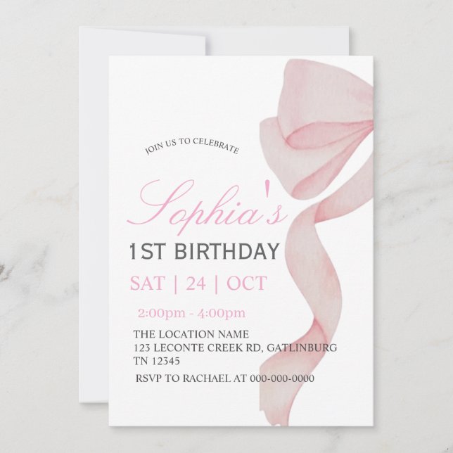 Invitación Lazo Rosa Cumpleaños 1 Niña F (Anverso)