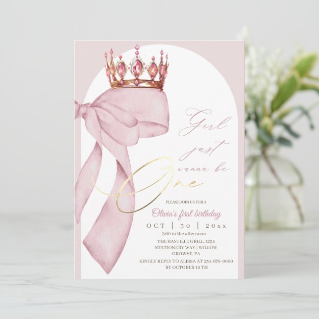 Invitación Lazo Rosa Cumpleaños 1er Año  (Anverso de pie)