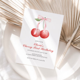 Invitación Lazo rosa de cereza cumpleaños preppy número uno