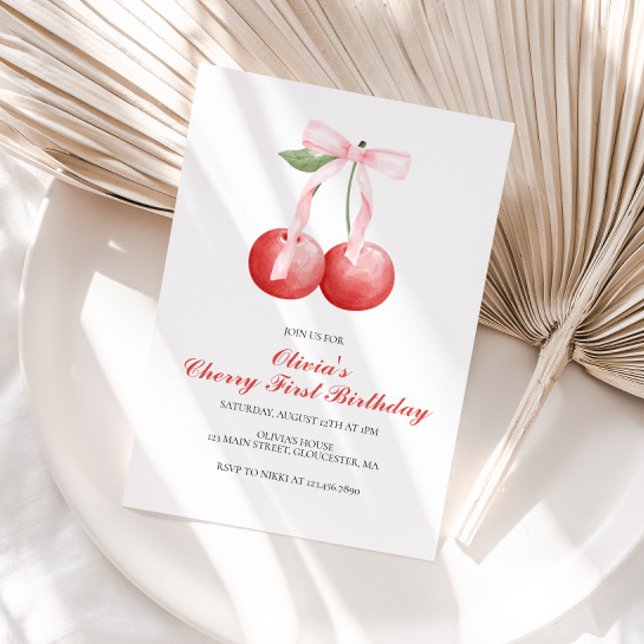 Invitación Lazo rosa de cereza cumpleaños preppy número uno (Subido por el creador)