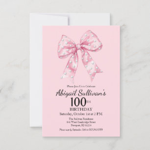 Invitación Lazo rosa de cumpleaños número 100 con lunares de