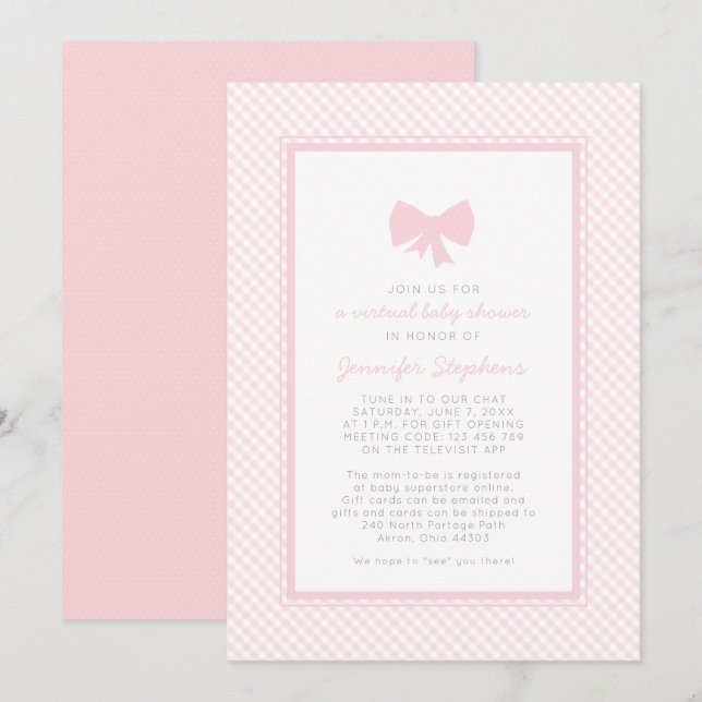 Invitación Lazo rosa de gingham  baby shower virtual (Anverso / Reverso)