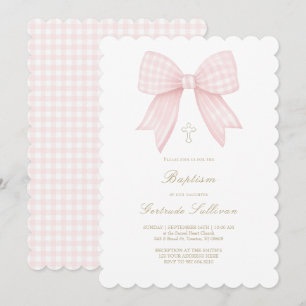 Invitación lazo rosa de gingham   Bautizo