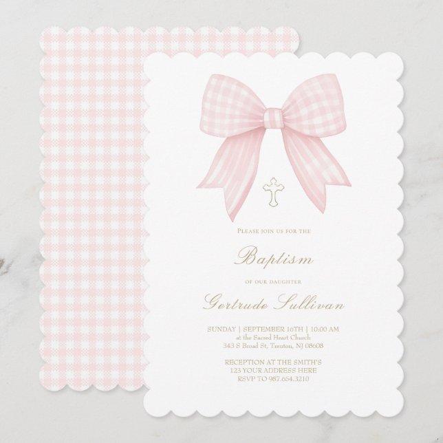 Invitación lazo rosa de gingham | Bautizo (Anverso / Reverso)