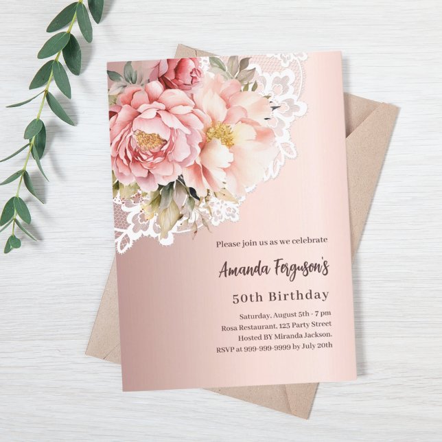Invitación Lazo rosa dorado de flores encaje 50 cumpleaños (Subido por el creador)