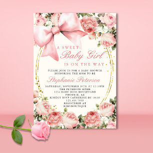 Invitación Lazo Rosa Dulce Bebé Niña Está En Camino Baby Show