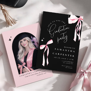 Invitación Lazo rosa elegante coqueta foto graduación negra