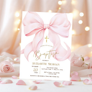 Invitación Lazo Rosa Elegante Cruz Dorada Lunares Bautizo