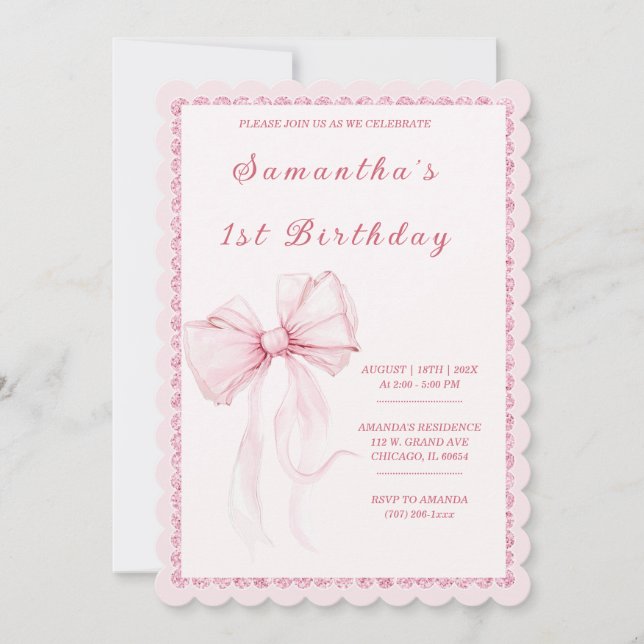 Invitación Lazo Rosa Elegante Cumpleaños 1 para Niñas (Anverso)