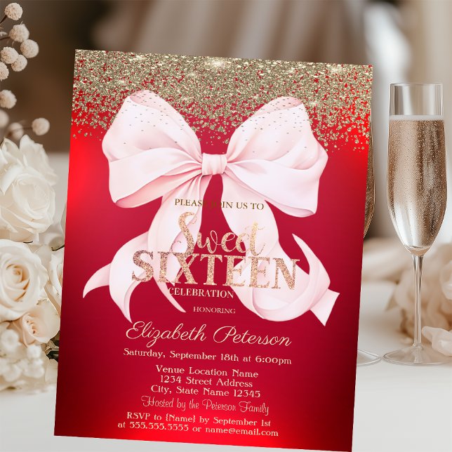 Invitación Lazo rosa elegante diamante de oro Dulces 16  (Subido por el creador)