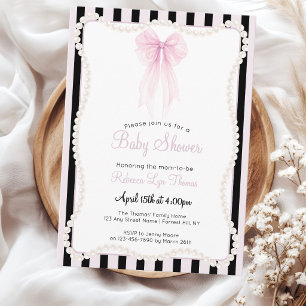 Invitación Lazo rosa elegante perlas fiesta de bebé grandmill