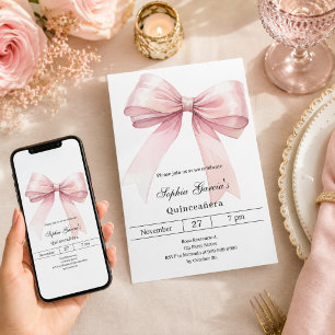 Invitación Lazo rosa elegante Quinceanera