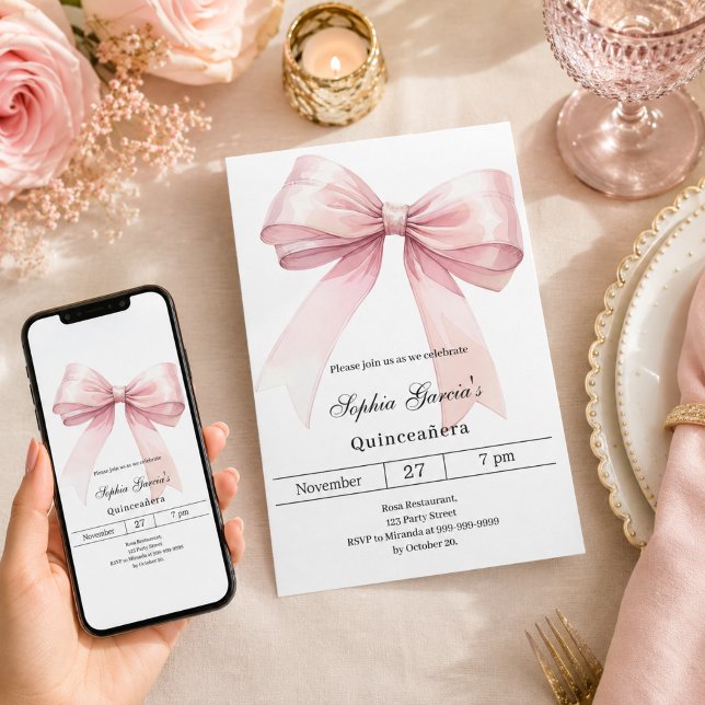 Invitación Lazo rosa elegante Quinceanera (Subido por el creador)