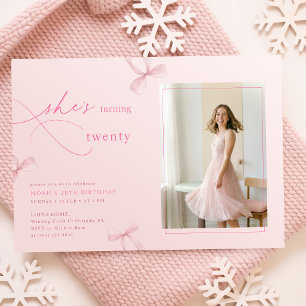 Invitación Lazo Rosa Ella Está Cumpliendo Veinte Foto Cumplea