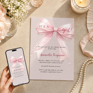 Invitación Lazo rosa es una niña tono taupe Baby Shower