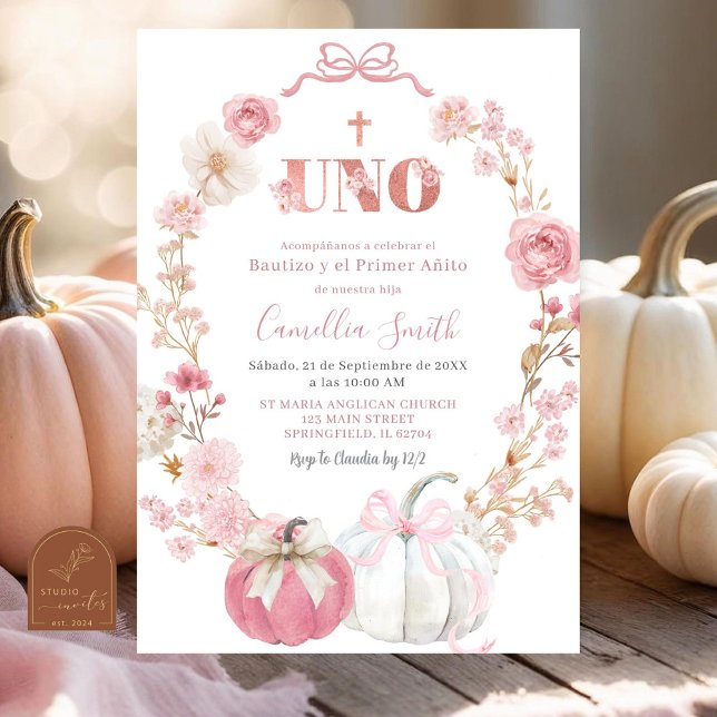 Invitación Lazo Rosa Español Coquette Calabaza Bautizo (Subido por el creador)