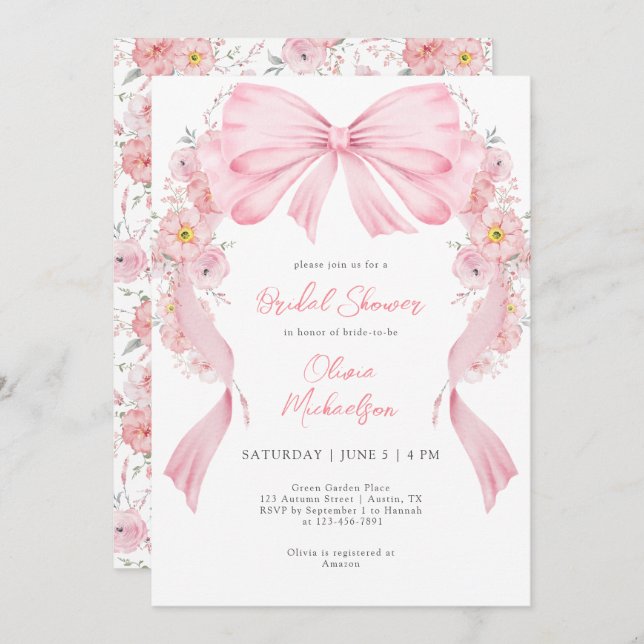 Invitación Lazo Rosa Floral Arco Floral Bow Coquette Bridal S (Anverso / Reverso)