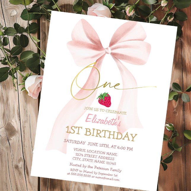 Invitación Lazo Rosa Fresa Rayado Cumpleaños 1  (Subido por el creador)