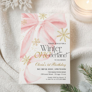 Invitación Lazo Rosa Invierno Onederland Cumpleaños 1