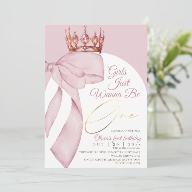 Invitación Lazo Rosa Lindo Cumpleaños 1  (Anverso de pie)